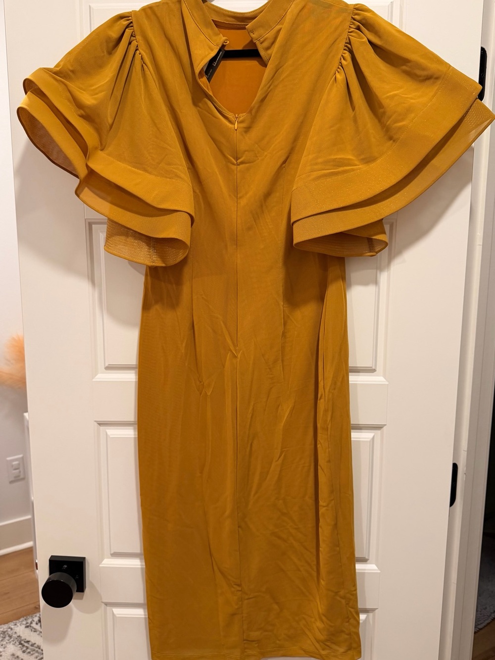 Mustard Midi Dress with Layered Flutter Sleeves - Picture 2 of 3